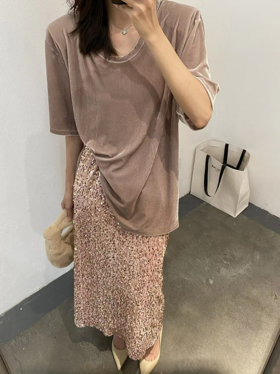 High-waisted, Slimming Sequined Midi Skirt With Elastic Waist, Back Slit, Straight Cut, Long Skirt