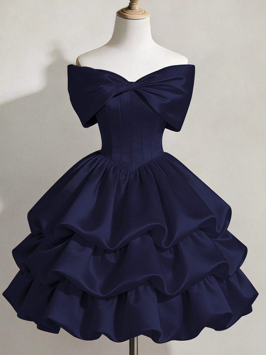 Satin Off-shoulder Bow Design Multi-layered Short Dress