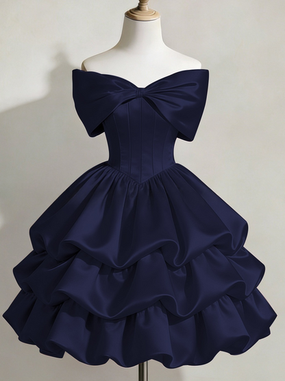 Satin Off-shoulder Bow Design Multi-layered Short Dress