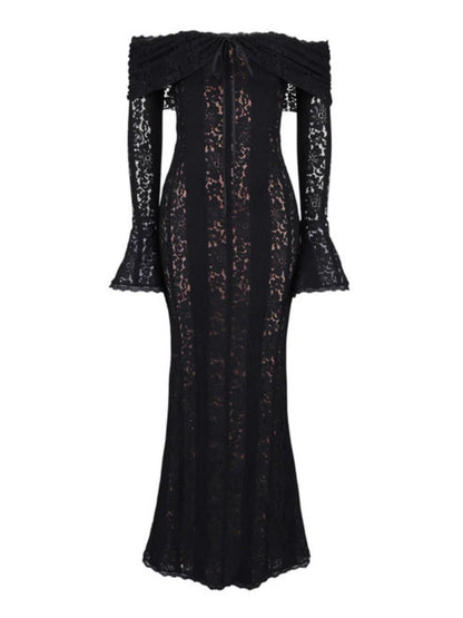 Lace Hollow Off Shoulder Flared Sleeves Hip-hugging Maxi Dresses
