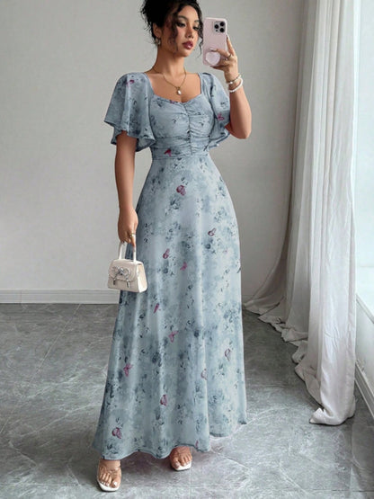 Floral Lotus Leaf Sleeves Sweetheart Collar Vacation And Leisure Maxi Dresses