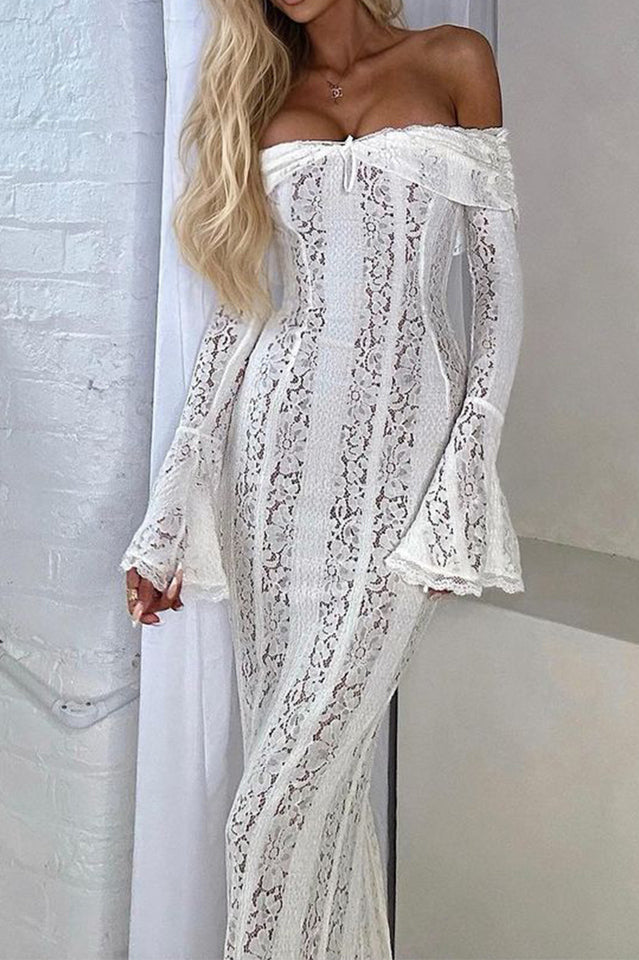 Off Shoulder Center Lace Up Ruffle Trim Bell Sleeve Mermaid Lace Maxi Gown