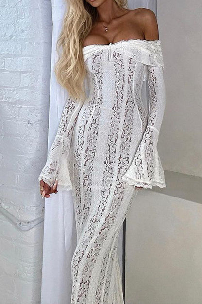 Off Shoulder Center Lace Up Ruffle Trim Bell Sleeve Mermaid Lace Maxi Gown