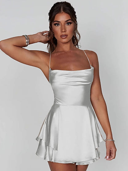 Camisoles Swing Collar Backless Drawstring Mini&Short Dresses