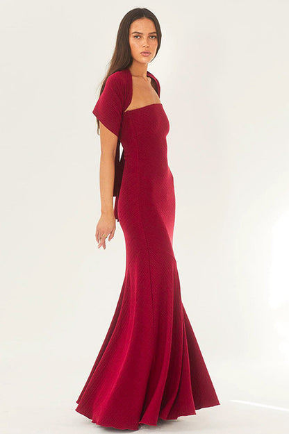 Strapless Rib Knit Neck Scarf Trumpet Hem Mermaid Maxi Gown