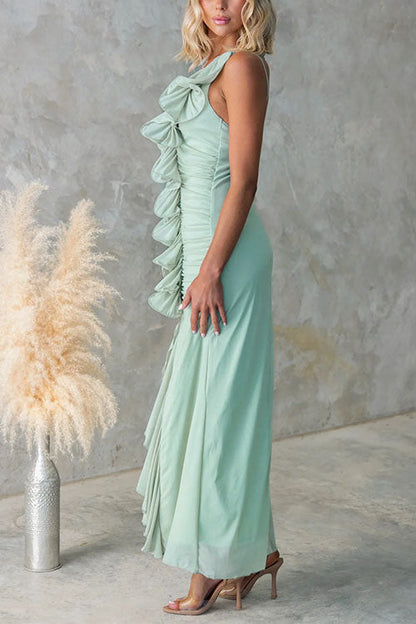 Margovil One Shoulder Slit Ruffle Mesh Maxi Dress