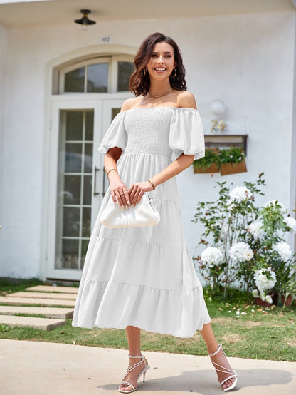 Square Neck, Backless, Puff Sleeve, Pleated Short-sleeved Long Dress