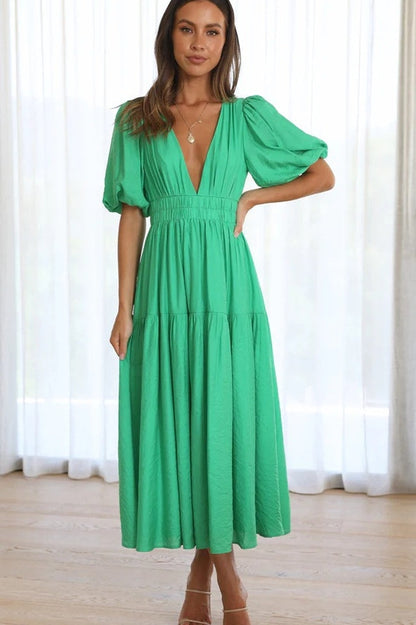 V Neck Puff Sleeve Smocked Empire Waist Tiered Midi Dress