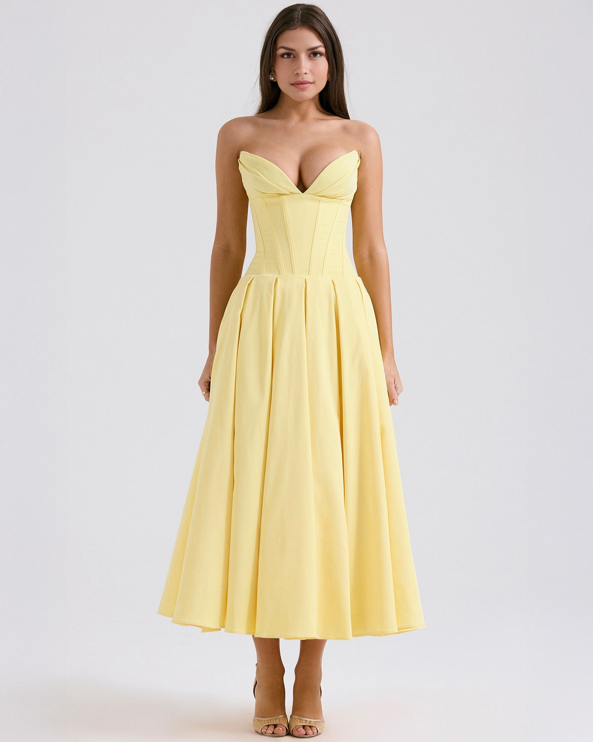 Strapless Deep V Neck Corset Bodice Pleated Fit and Flare Midi Dress