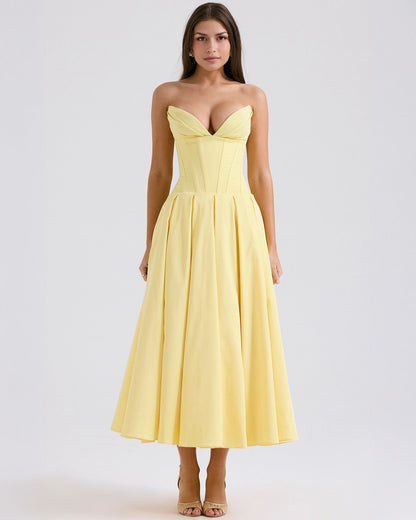 Strapless Deep V Neck Corset Bodice Pleated Fit and Flare Midi Dress