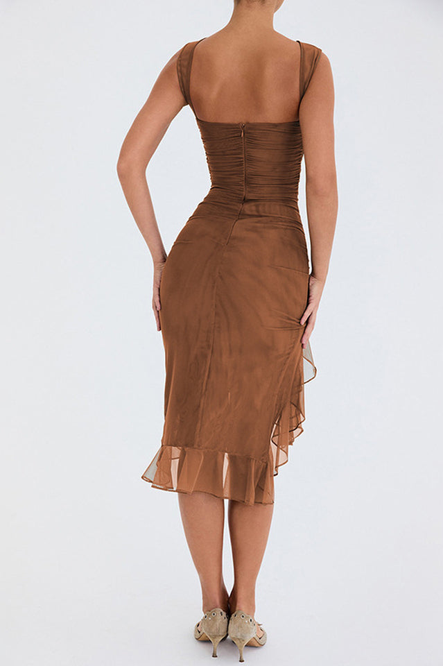 Crew Neck Ruched Mesh Bodycon Asymmetric Ruffle Hem Side Slit Midi Dress