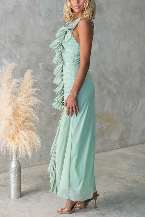 Margovil One Shoulder Slit Ruched Ruffle Mesh Maxi Dress
