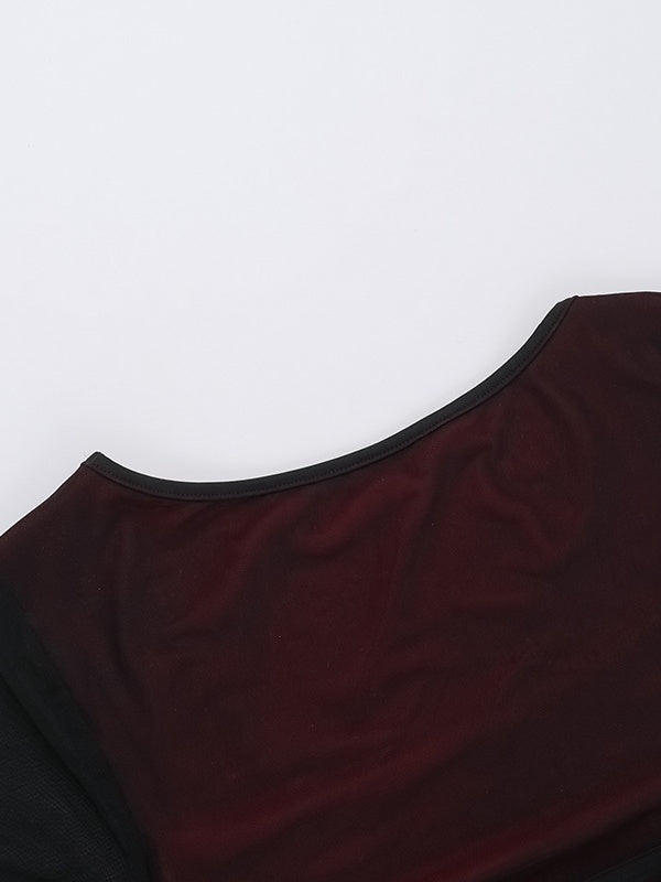 Fitted Mesh Long-Sleeved Bodycon Deep Red Short Dress