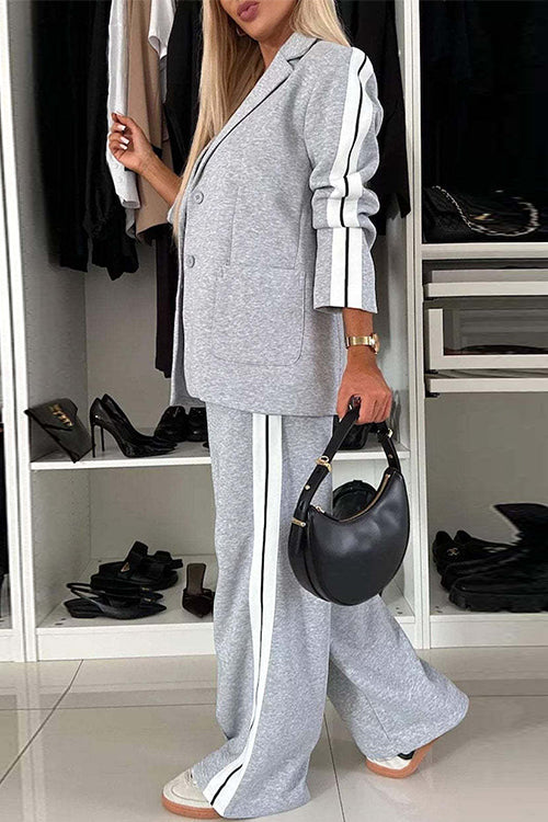 Margovil Patchwork Notch Lapel Pocketed Blazer Elastic Waist Wide Leg Pants Casual Set