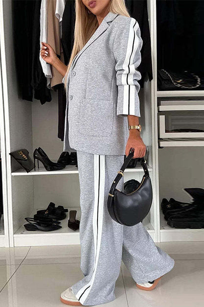 Margovil Patchwork Notch Lapel Pocketed Blazer Elastic Waist Wide Leg Pants Casual Set