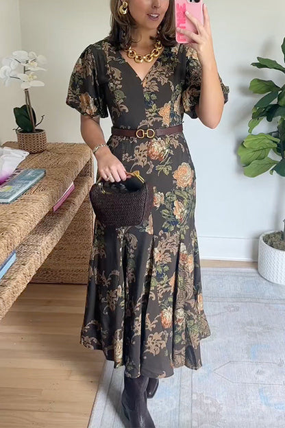 V Neck Puff Short Sleeves Floral Print Midi Dress