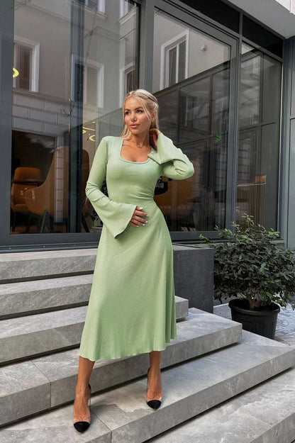 Ribbed Knit Scoop Neck Bell Sleeve Bodycon Maxi Dress
