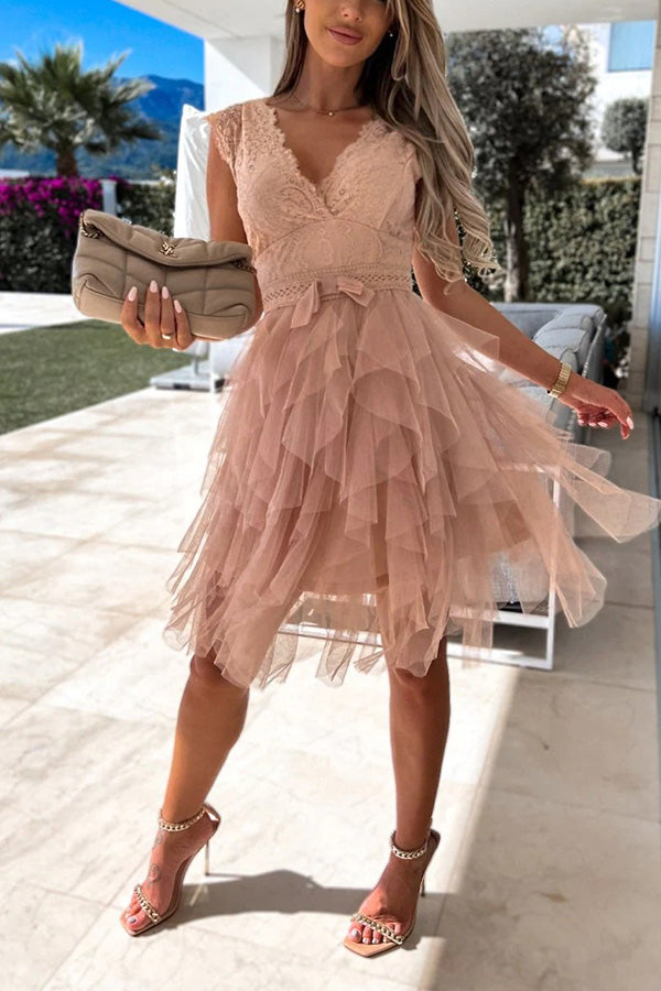 Lace V-Neck Flutter Cap Sleeve Bow Waist Tiered Tulle Ruffle Mini Dress
