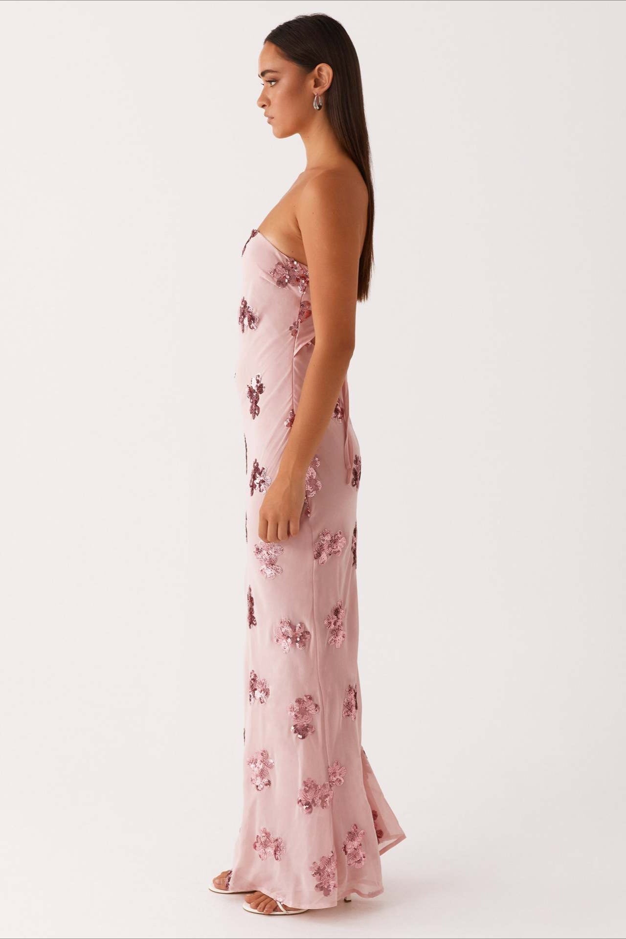 Strapless Sequin Floral Embellished Sheer Mesh Column Maxi Gown