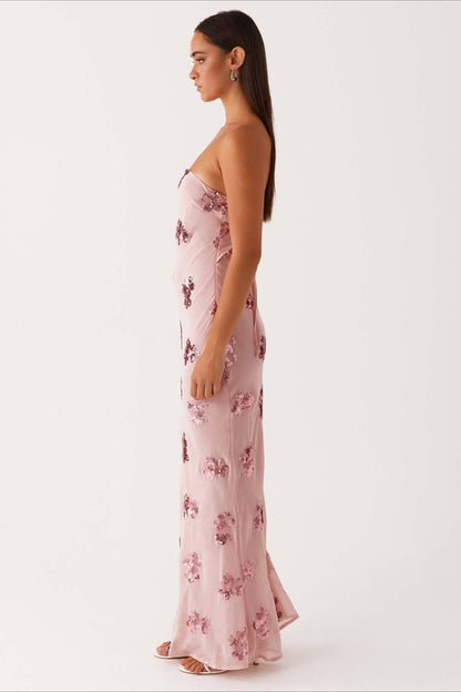 Strapless Sequin Floral Embellished Sheer Mesh Column Maxi Gown