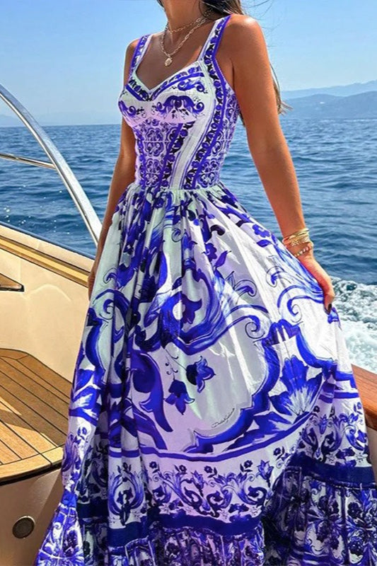 Mediterranean Print Sweetheart Neck Tiered Flounce Hem Maxi Dress