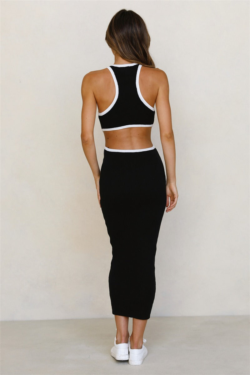Rib Knit Crew Neck Contrast Trim Waist Cut Out Column Midi Dress