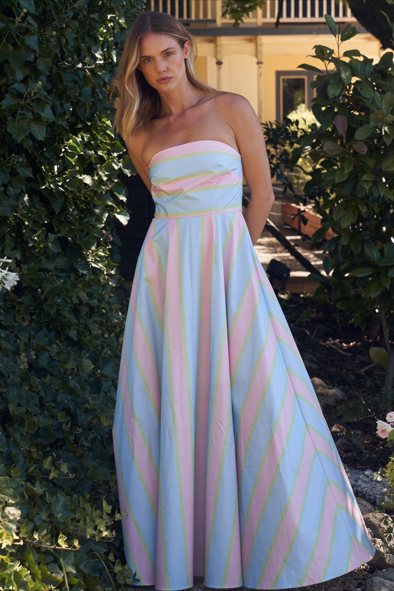 Strapless Horizontal Stripe Bodice Diagonal Stripe A-Line Maxi Dress
