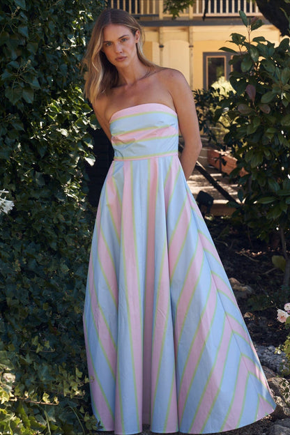 Strapless Horizontal Stripe Bodice Diagonal Stripe A-Line Maxi Dress