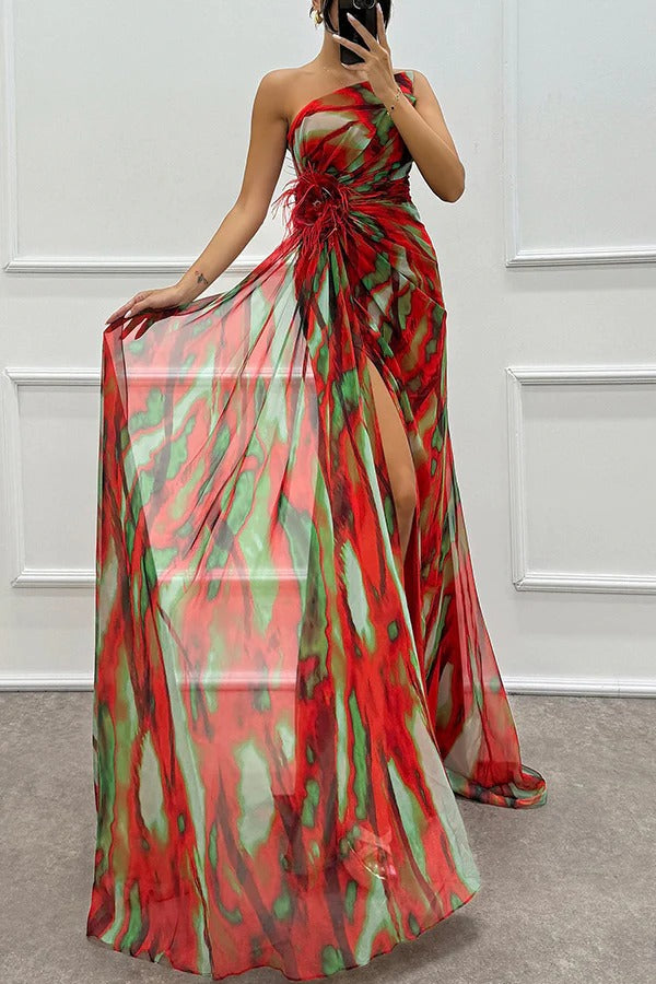 One-Shoulder Ruched Feather Floral Accent Marble Print High-Slit Maxi Gown
