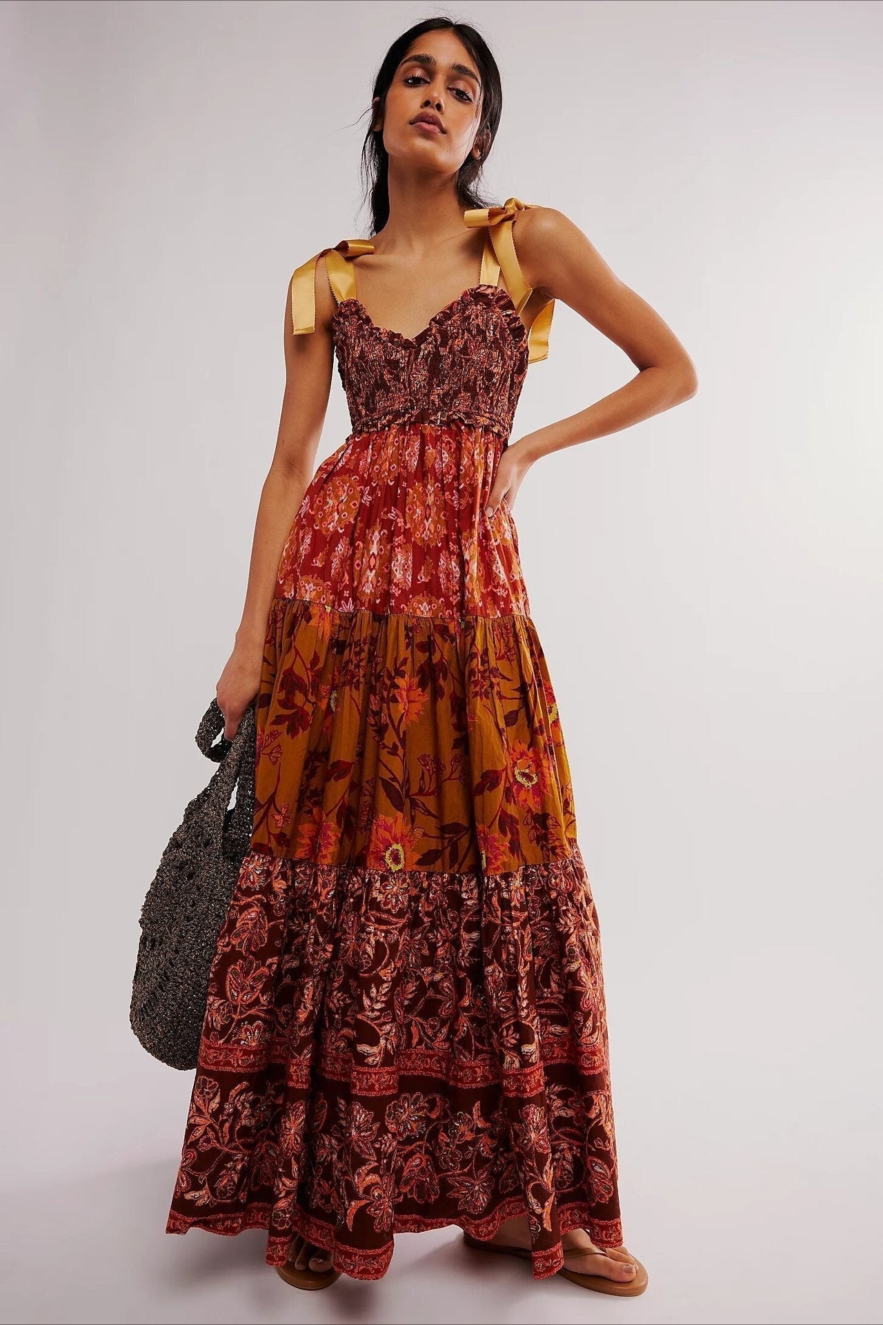 Smocked Sweetheart Neck Tie Shoulder Tiered Floral Paisley Maxi Dress
