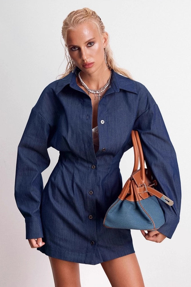 Collared Button Front Long Sleeve Cinched Waist Denim Mini Shirt Dress