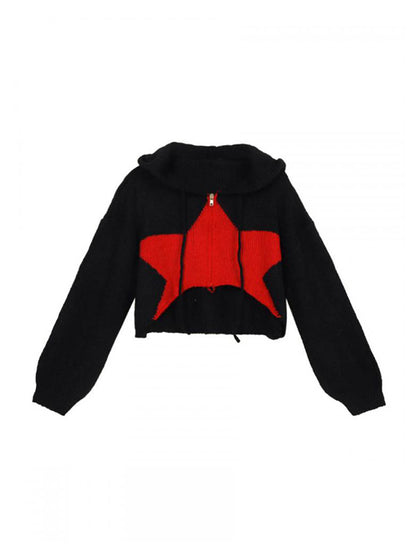 Contrast Color Star Hooded Crop Cardigan