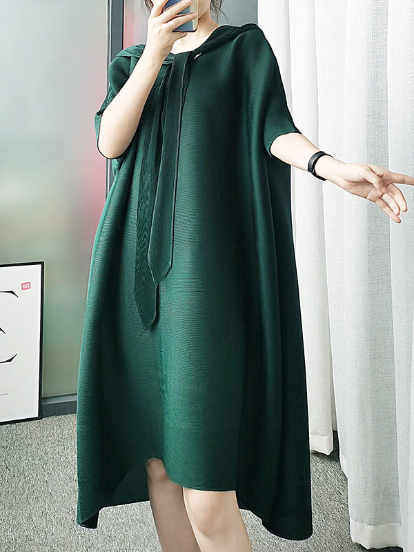 Batwing Sleeves Loose Lace-Up Pleated Hooded Midi Dresses