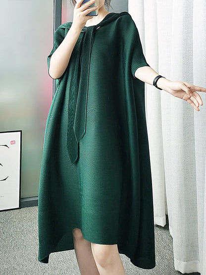 Batwing Sleeves Loose Lace-Up Pleated Hooded Midi Dresses
