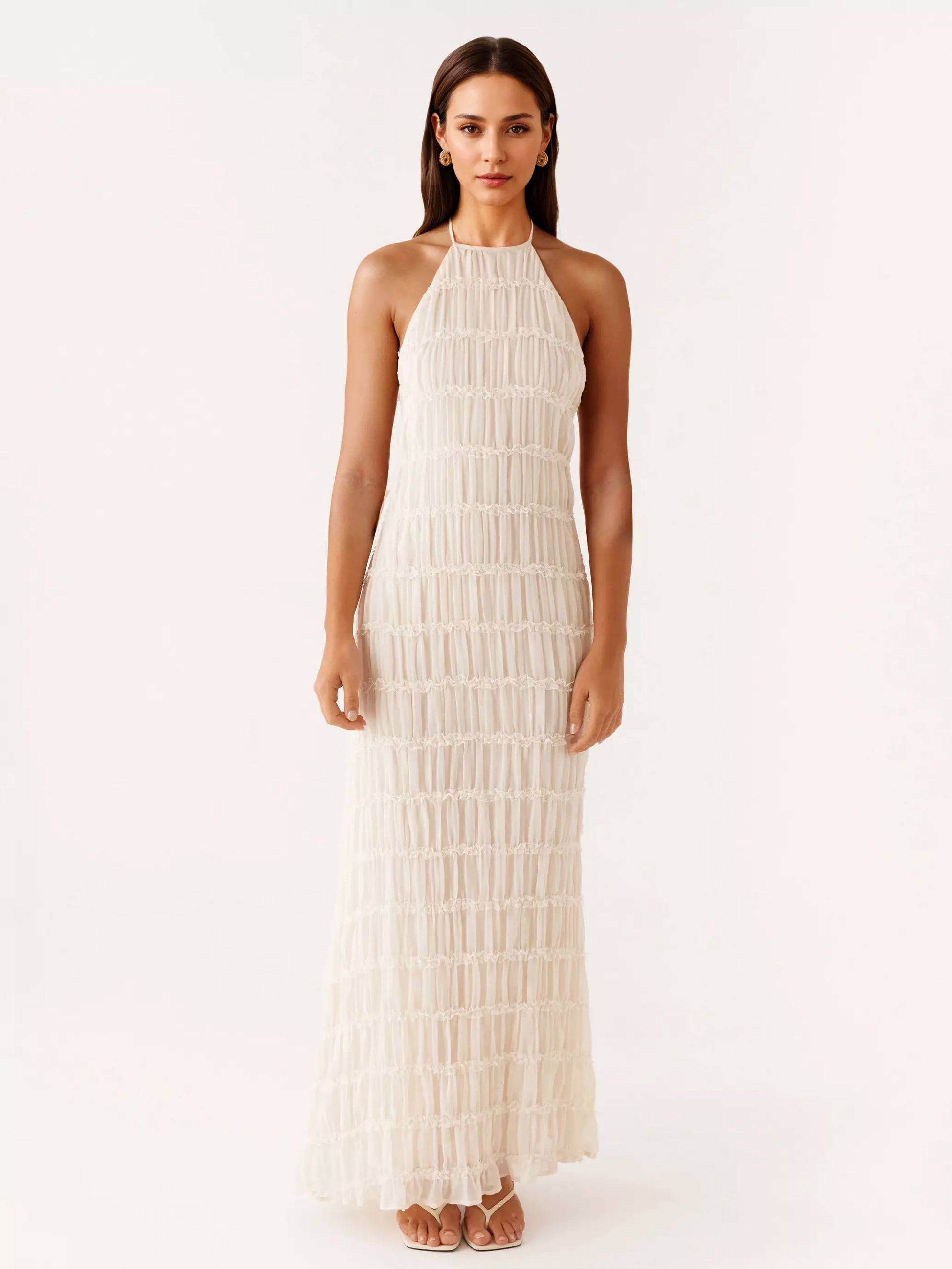 Halter Neck Pleated Maxi Dress for Women - Boho Ruched Backless Sleeveless Tiered Long Sundress - Summer Beach Event 2026