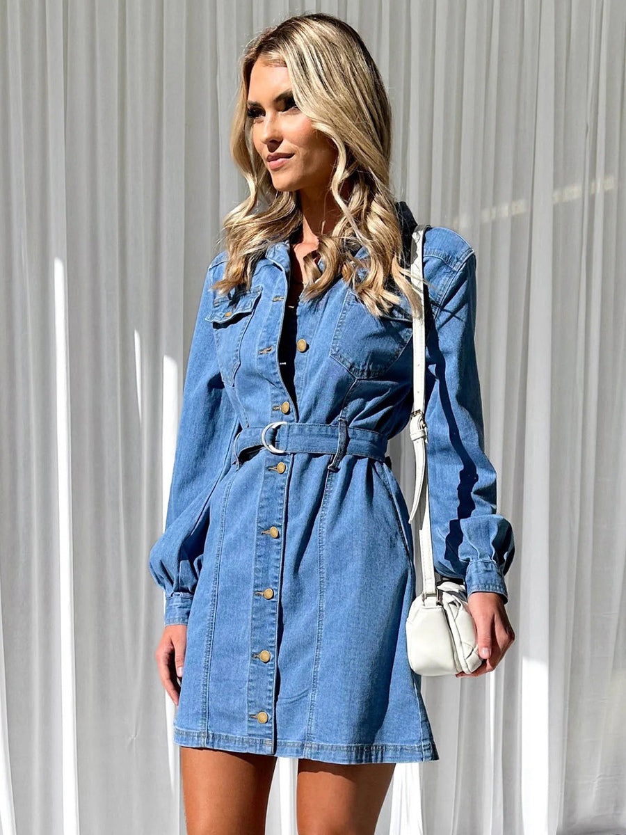 Denim Dress Buttons Belted Long Sleeves Pockets Casual Mini Dresses