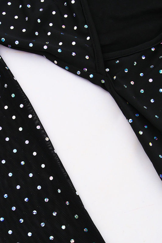 Rhinestone Grid Long Sleeve Padded Shoulder Keyhole Cutout Bodycon Midi Dress
