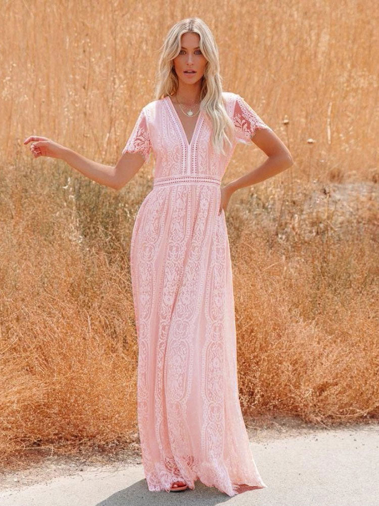 V-Neck Maxi Dress Half Sleeves Lace Bohemian Floor Length Dress