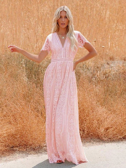 V-Neck Maxi Dress Half Sleeves Lace Bohemian Floor Length Dress