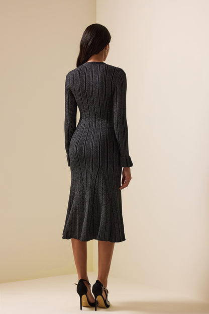 Lurex Metal Button Long Sleeve Midi Dress