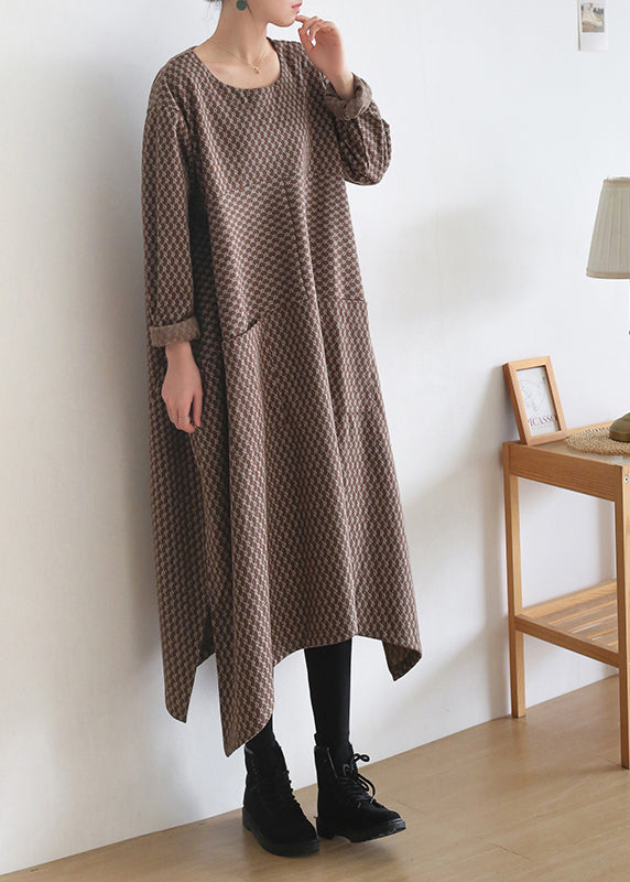 Loose Coffee Colour O-Neck Print Side Open Knit Cotton Maxi Dress Long Sleeve
