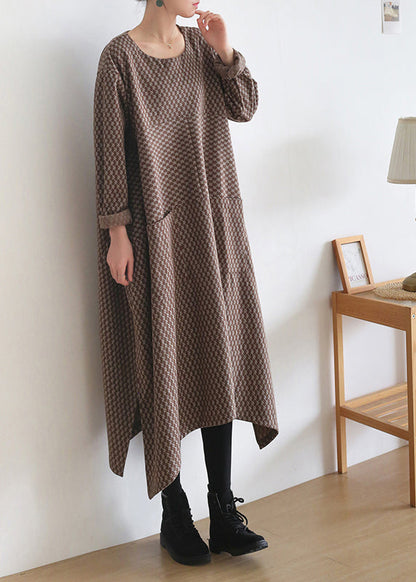 Loose Coffee Colour O-Neck Print Side Open Knit Cotton Maxi Dress Long Sleeve