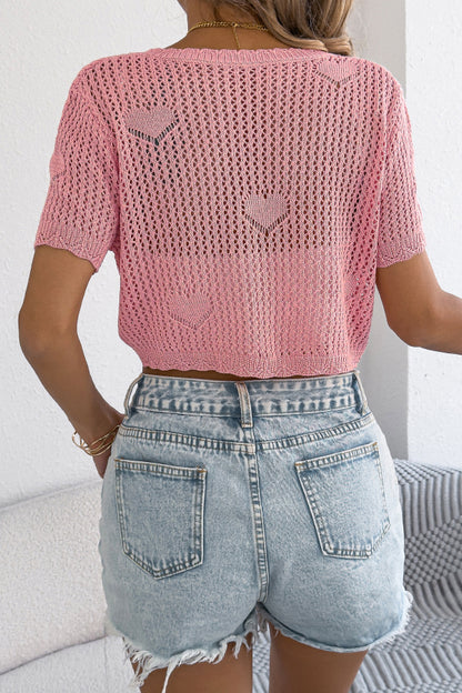 Solid Color Loose-fitting Hollow V-neck Short-sleeved Knitted Cardigan