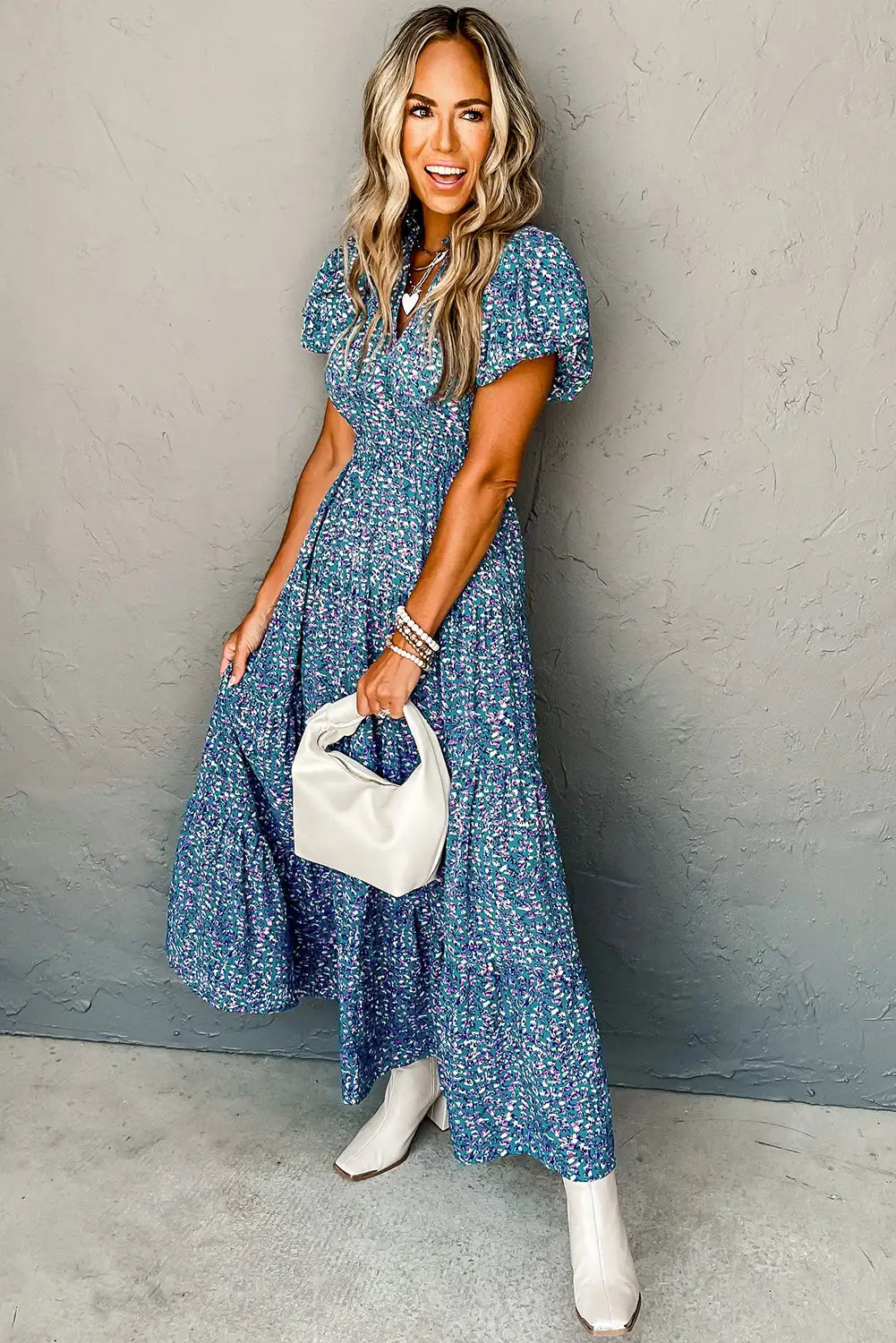 chic blue printed v neck maxi dress