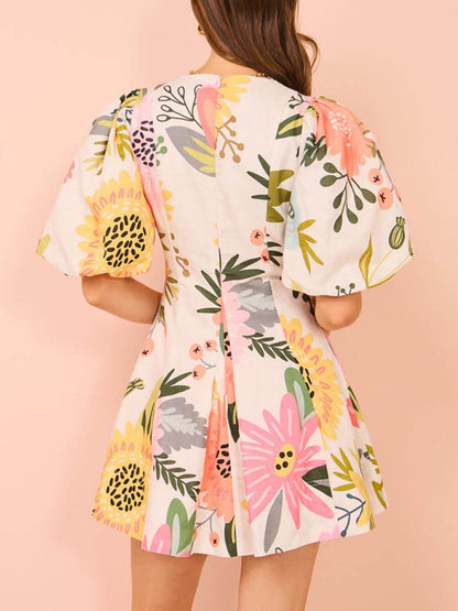 Bella Bloom - Colorful Floral Puff Sleeve Mini Dress