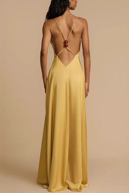 Satin Deep V Backless Maxi Sexy Silk Dress