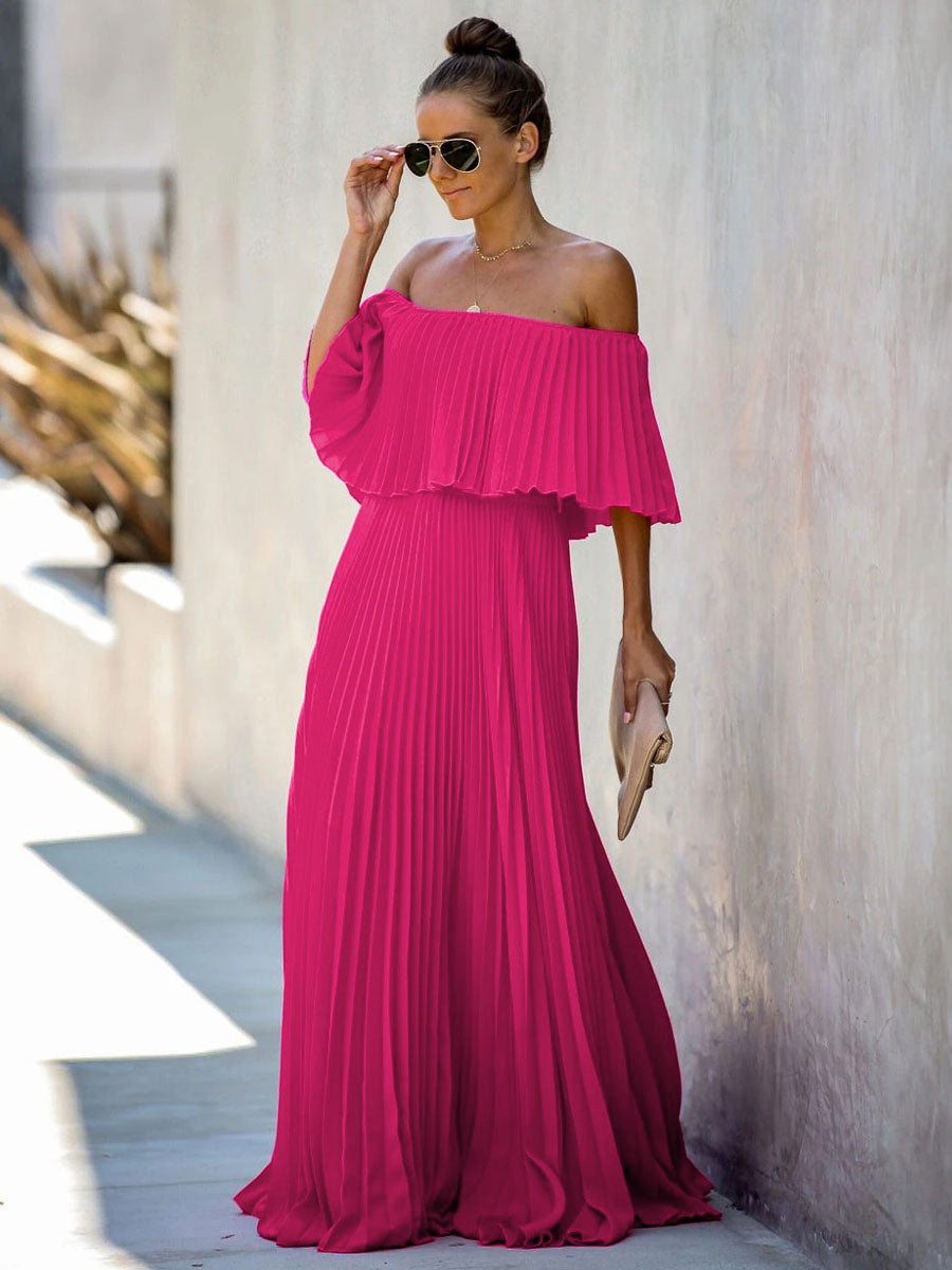 Maxi Dresses Half Sleeves Yellow Bateau Neck Pleated Asymmetrical   Floor Length Dress
