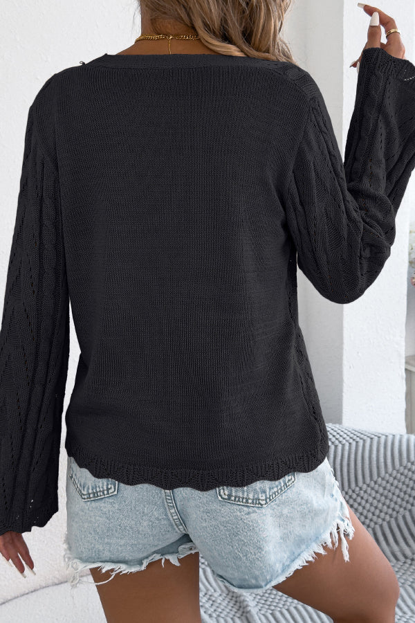 Solid Color Loose V-neck Long-sleeved Vacation Knit Cardigan
