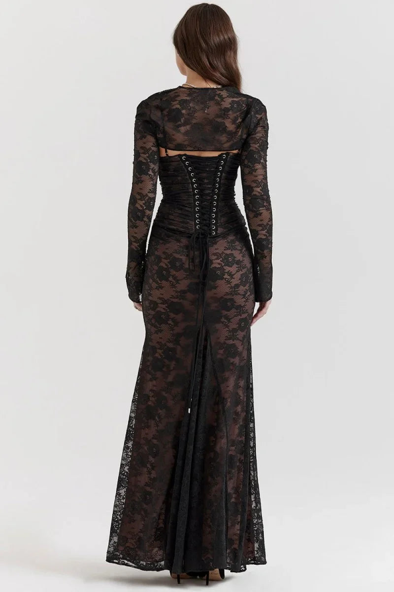 Women's Lace Bodycon Maxi Dress Set – Long Sleeve Cropped Jacket