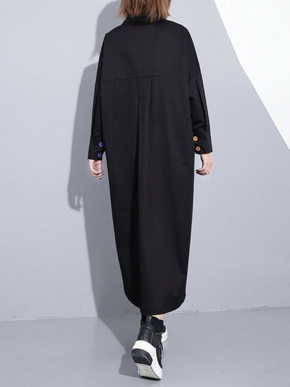 Long Sleeves Loose Asymmetric Buttoned Contrast Color Pockets Lapel Midi Dresses Shirt Dress